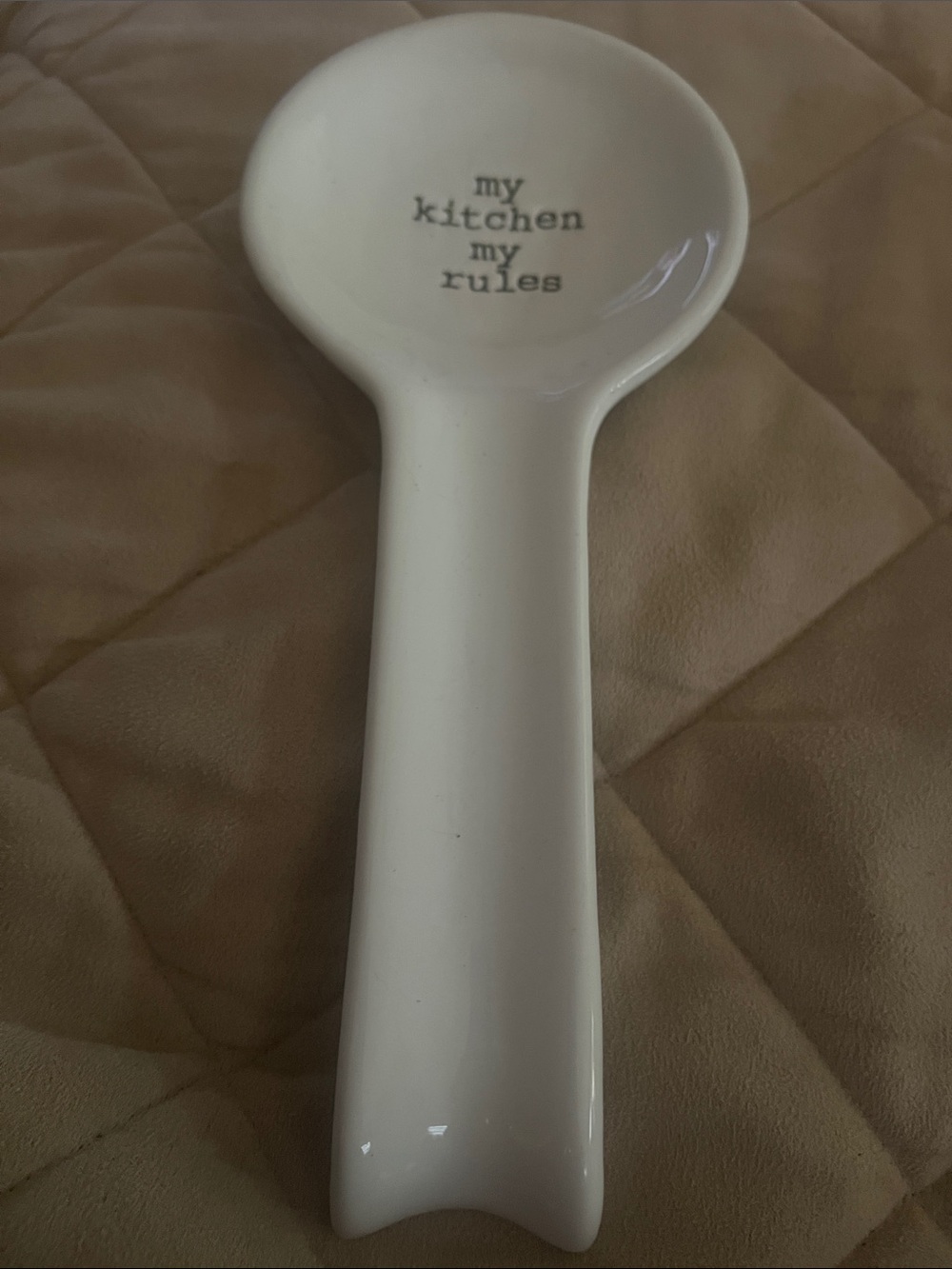White Ceramic Spoon Rest with “My Kitchen My Rules”